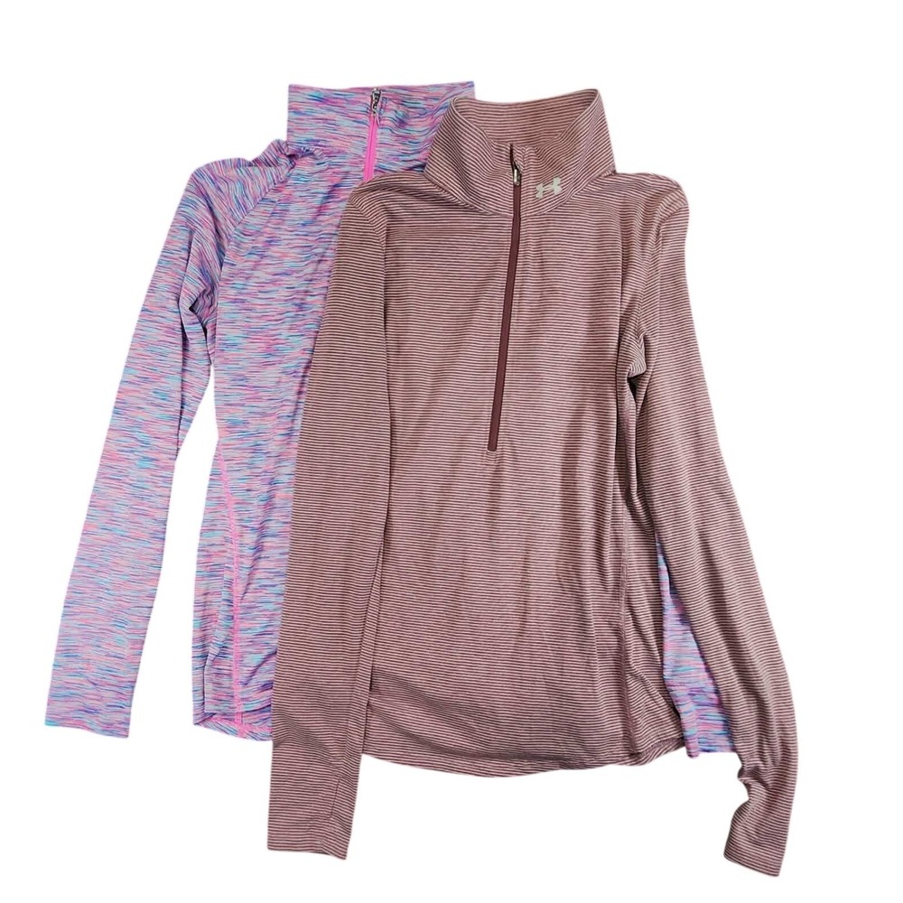 2 Under Armour Pullover Women S Blue Pink Space Dye 1/4 Zip HeatGear Long Sleeve